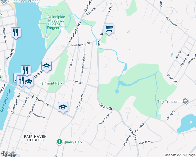 map of restaurants, bars, coffee shops, grocery stores, and more near 80 Eastern Street in New Haven