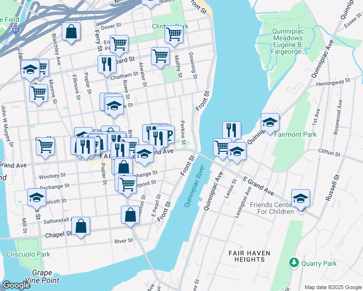 map of restaurants, bars, coffee shops, grocery stores, and more near 69 Grand Avenue in New Haven