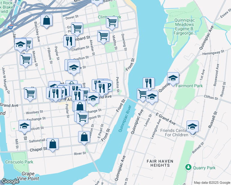 map of restaurants, bars, coffee shops, grocery stores, and more near 69 Grand Avenue in New Haven