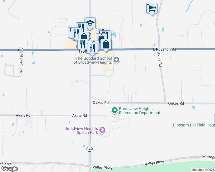 map of restaurants, bars, coffee shops, grocery stores, and more near 9390 Rockys Court in Broadview Heights