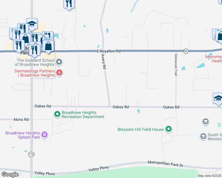 map of restaurants, bars, coffee shops, grocery stores, and more near 9397 Avery Road in Broadview Heights