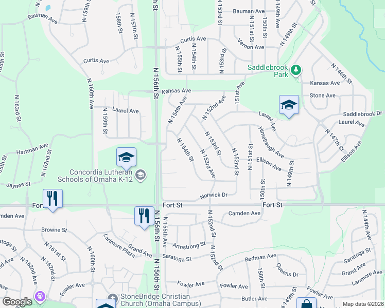 map of restaurants, bars, coffee shops, grocery stores, and more near 5602 North 153rd Avenue in Omaha