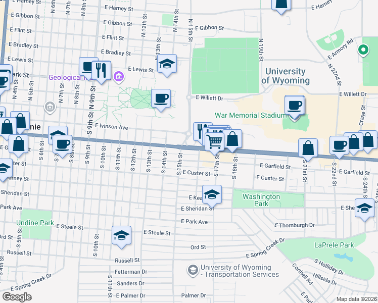 map of restaurants, bars, coffee shops, grocery stores, and more near 1500 Grand Avenue in Laramie