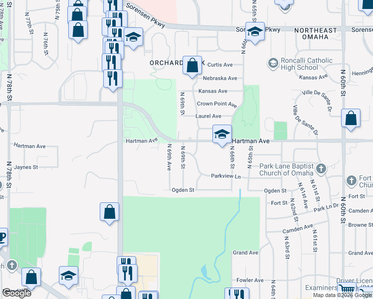 map of restaurants, bars, coffee shops, grocery stores, and more near 5607 North 69th Street in Omaha