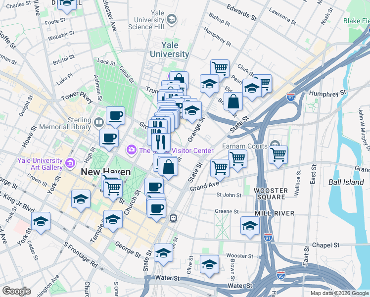 map of restaurants, bars, coffee shops, grocery stores, and more near Orange St & Grove St in New Haven