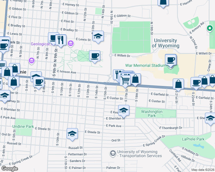map of restaurants, bars, coffee shops, grocery stores, and more near 1500 Grand Avenue in Laramie