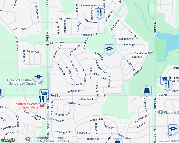 map of restaurants, bars, coffee shops, grocery stores, and more near 5613 North 151st Street in Omaha