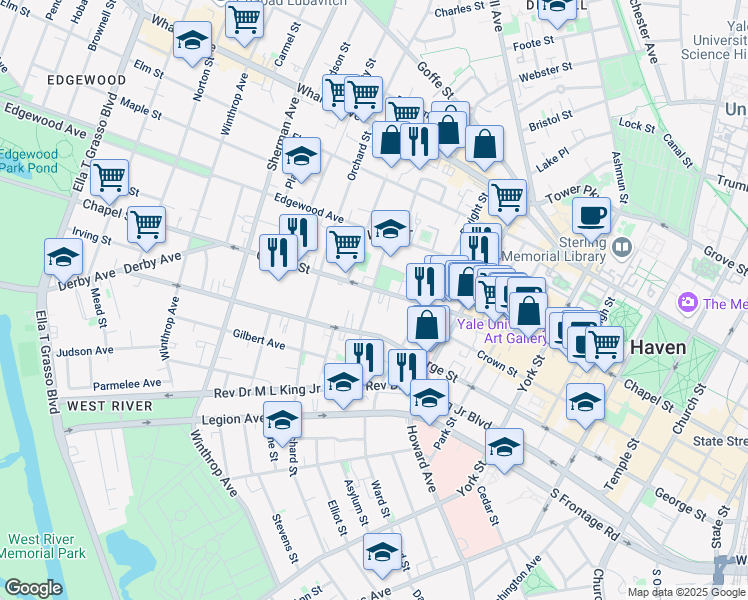 map of restaurants, bars, coffee shops, grocery stores, and more near 1324 Chapel Street in New Haven