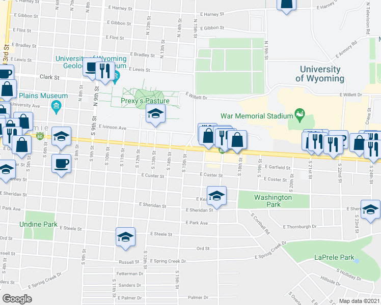 map of restaurants, bars, coffee shops, grocery stores, and more near 1500 Grand Avenue in Laramie