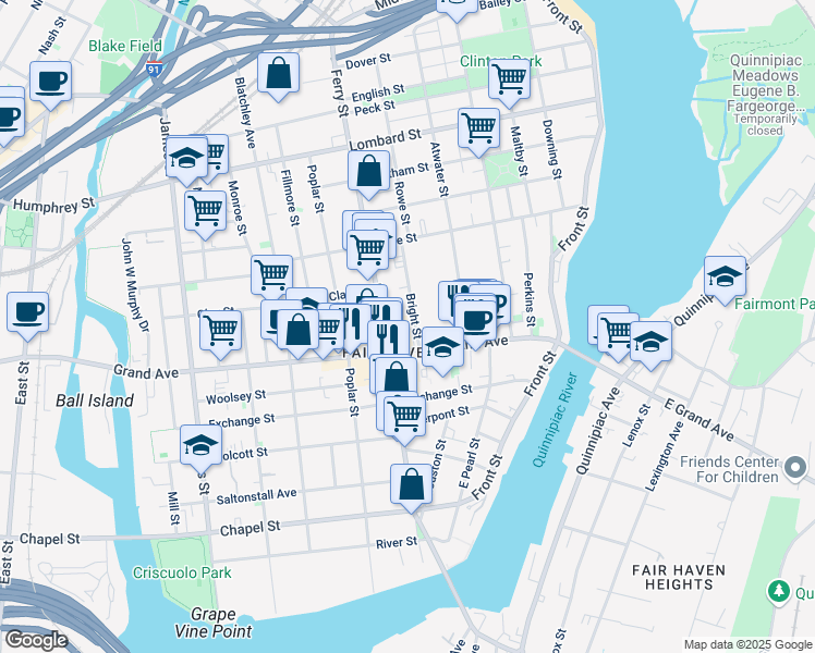 map of restaurants, bars, coffee shops, grocery stores, and more near 19 Bright Street in New Haven