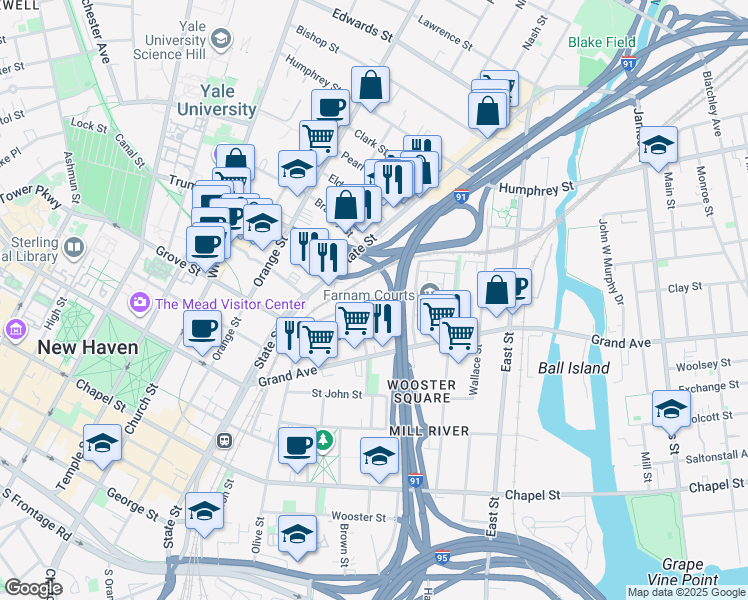 map of restaurants, bars, coffee shops, grocery stores, and more near 33 William Street in New Haven