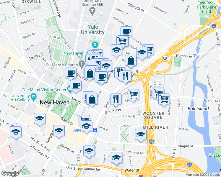 map of restaurants, bars, coffee shops, grocery stores, and more near 630 State Street in New Haven