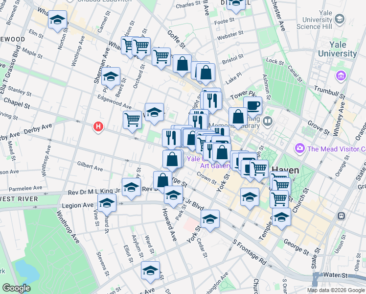 map of restaurants, bars, coffee shops, grocery stores, and more near 1245 Chapel Street in New Haven