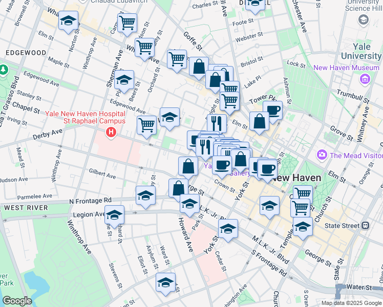 map of restaurants, bars, coffee shops, grocery stores, and more near 1245 Chapel Street in New Haven