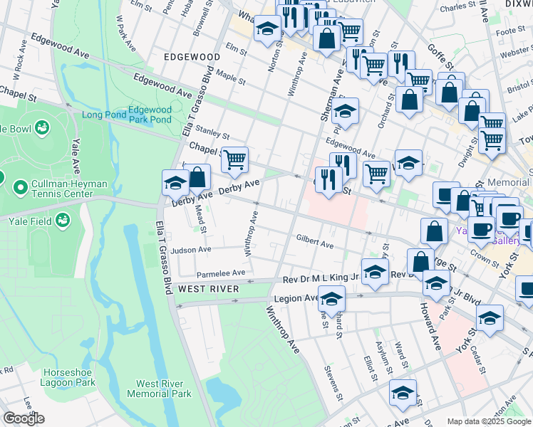 map of restaurants, bars, coffee shops, grocery stores, and more near 708 George Street in New Haven