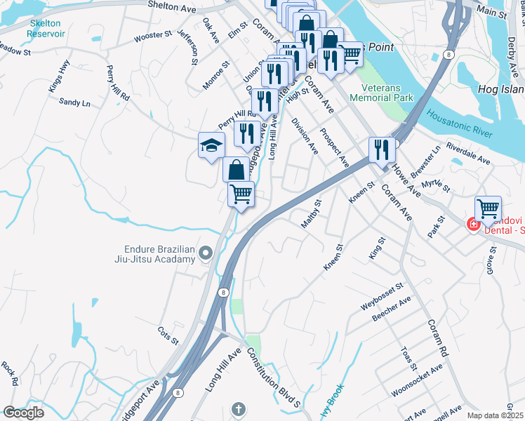 map of restaurants, bars, coffee shops, grocery stores, and more near 137 Long Hill Avenue in Shelton