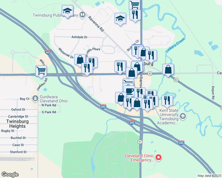 map of restaurants, bars, coffee shops, grocery stores, and more near 2610 East Aurora Road in Twinsburg