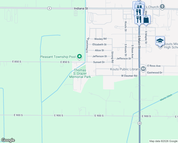 map of restaurants, bars, coffee shops, grocery stores, and more near 1000-1098 South Diana Drive in Kouts