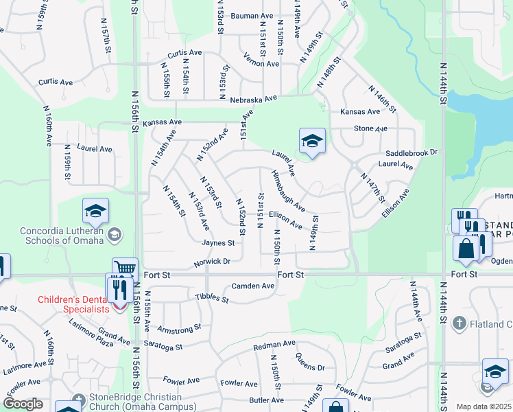 map of restaurants, bars, coffee shops, grocery stores, and more near 5613 North 151st Street in Omaha