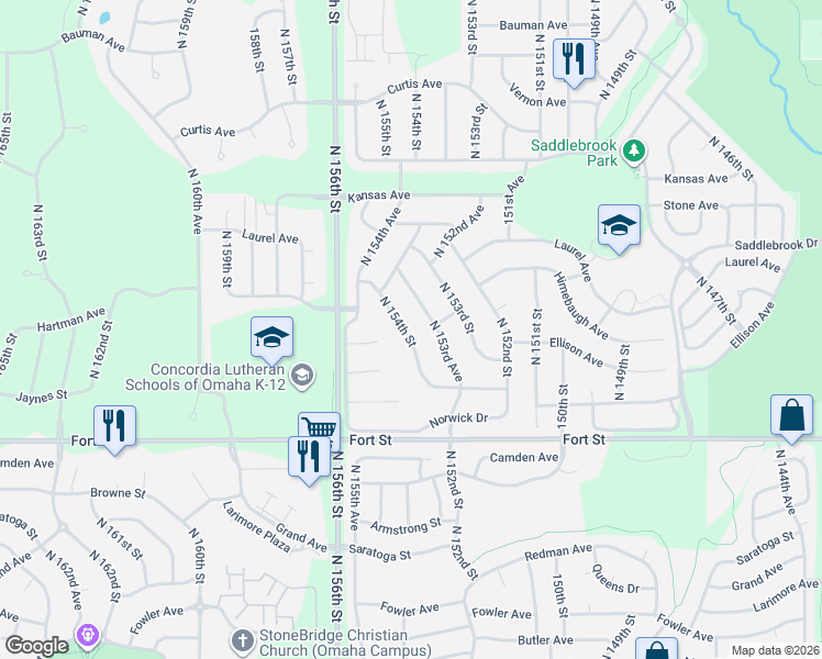 map of restaurants, bars, coffee shops, grocery stores, and more near 5602 North 153rd Avenue in Omaha