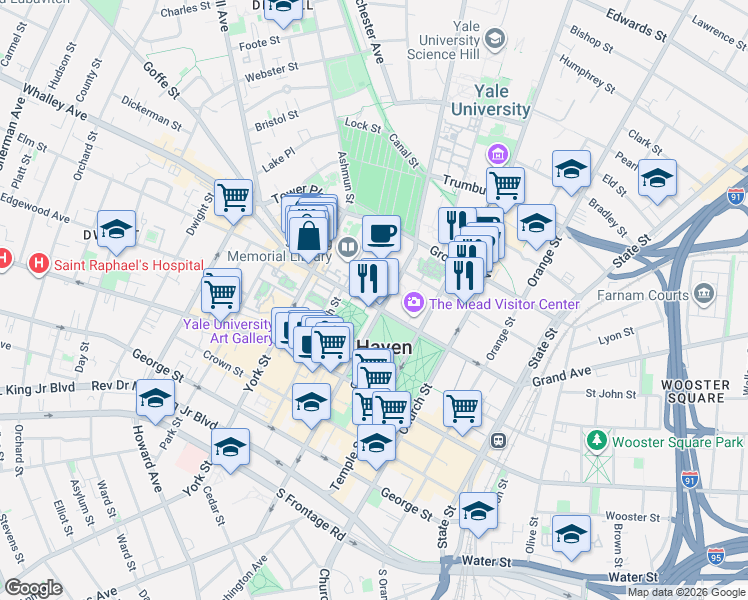 map of restaurants, bars, coffee shops, grocery stores, and more near 189 Elm Street in New Haven