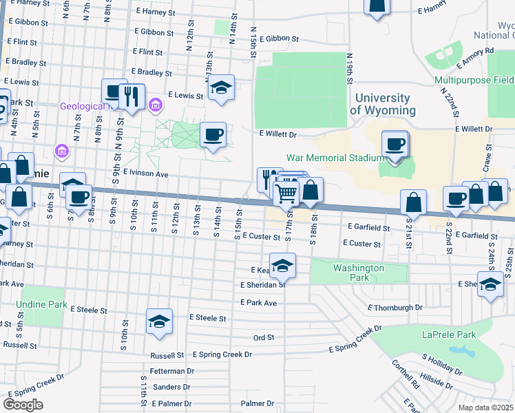 map of restaurants, bars, coffee shops, grocery stores, and more near 1500 Grand Avenue in Laramie