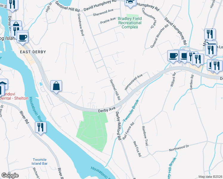 map of restaurants, bars, coffee shops, grocery stores, and more near 52 Sentinel Hill Road in Derby