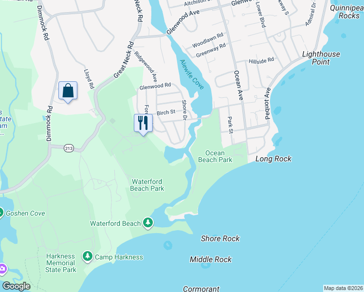 map of restaurants, bars, coffee shops, grocery stores, and more near 2 Shore Drive in Waterford