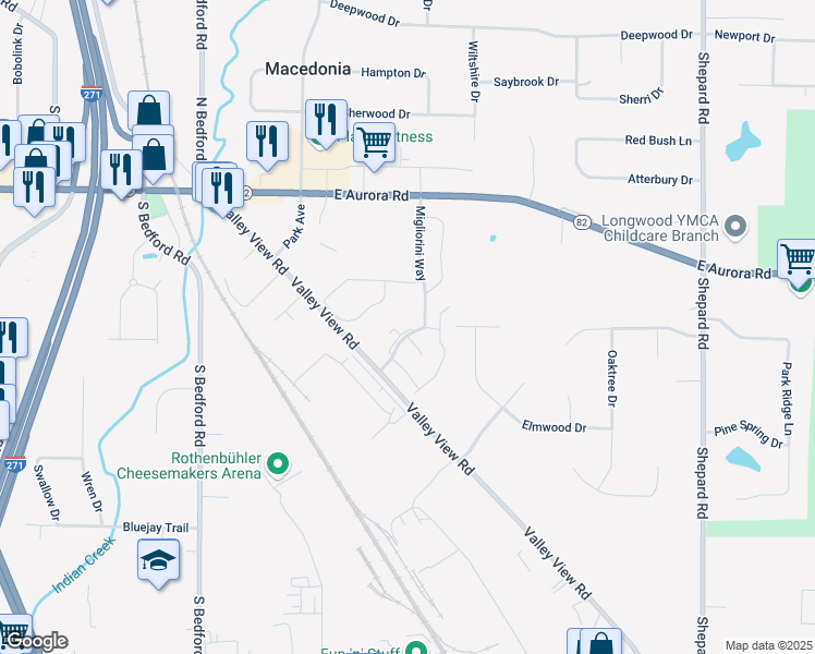 map of restaurants, bars, coffee shops, grocery stores, and more near 960 Migliorini Way in Macedonia