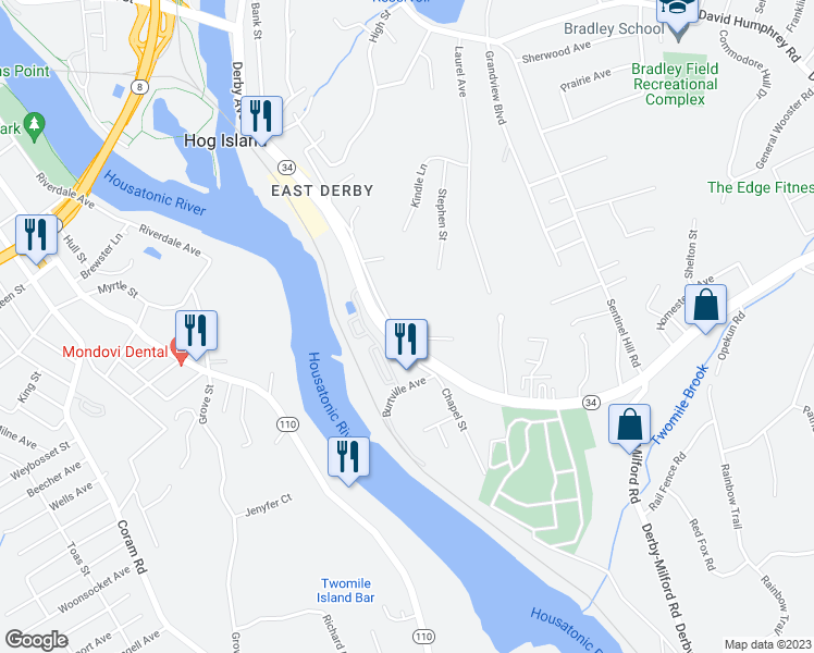 map of restaurants, bars, coffee shops, grocery stores, and more near 140 New Haven Avenue in Derby