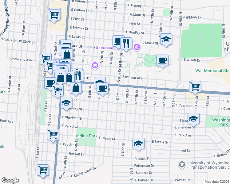 map of restaurants, bars, coffee shops, grocery stores, and more near 318 South 9th Street in Laramie