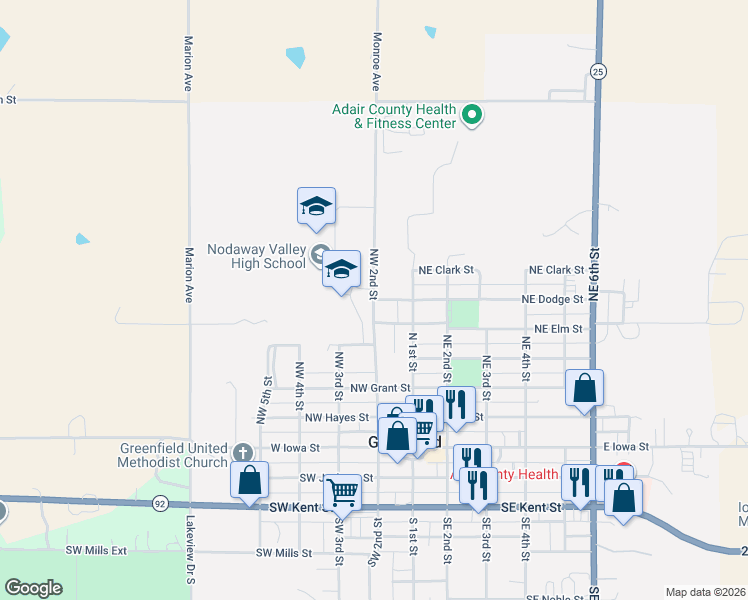 map of restaurants, bars, coffee shops, grocery stores, and more near 600 Northwest 2nd Street in Greenfield