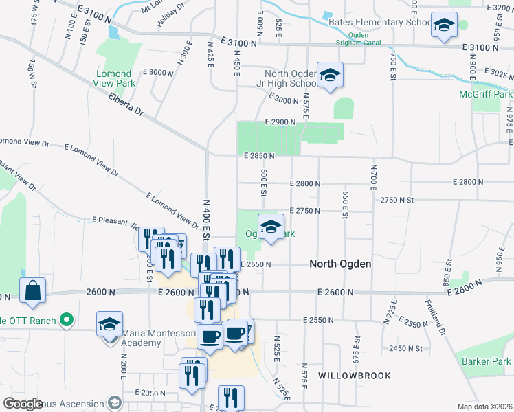 map of restaurants, bars, coffee shops, grocery stores, and more near 486 East 2750 North in North Ogden