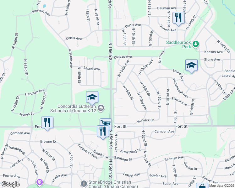 map of restaurants, bars, coffee shops, grocery stores, and more near 5613 North 155th Street in Omaha