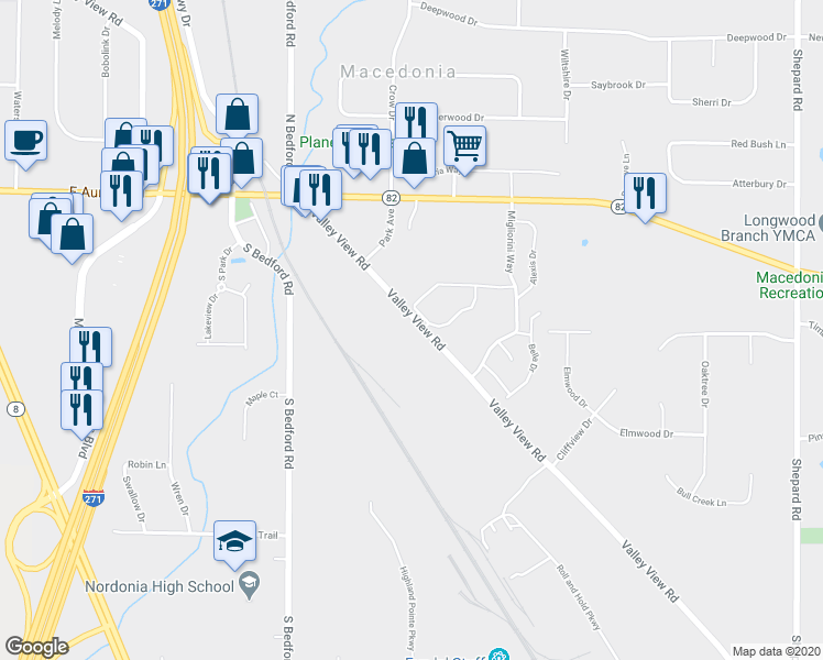 map of restaurants, bars, coffee shops, grocery stores, and more near 9636 Valley View Road in Macedonia