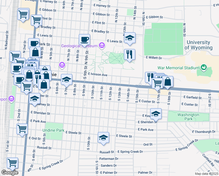 map of restaurants, bars, coffee shops, grocery stores, and more near 310 South 12th Street in Laramie