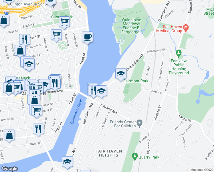 map of restaurants, bars, coffee shops, grocery stores, and more near 2 Clifton Street in New Haven