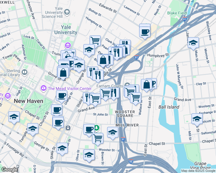 map of restaurants, bars, coffee shops, grocery stores, and more near 73 William Street in New Haven