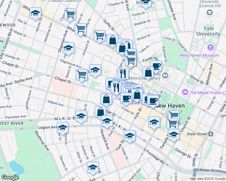 map of restaurants, bars, coffee shops, grocery stores, and more near 1245 Chapel Street in New Haven