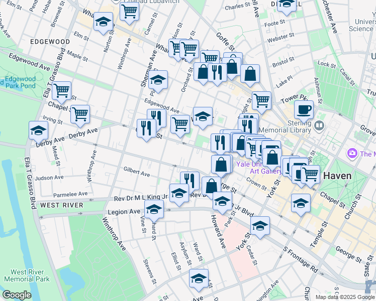 map of restaurants, bars, coffee shops, grocery stores, and more near 1324 Chapel Street in New Haven