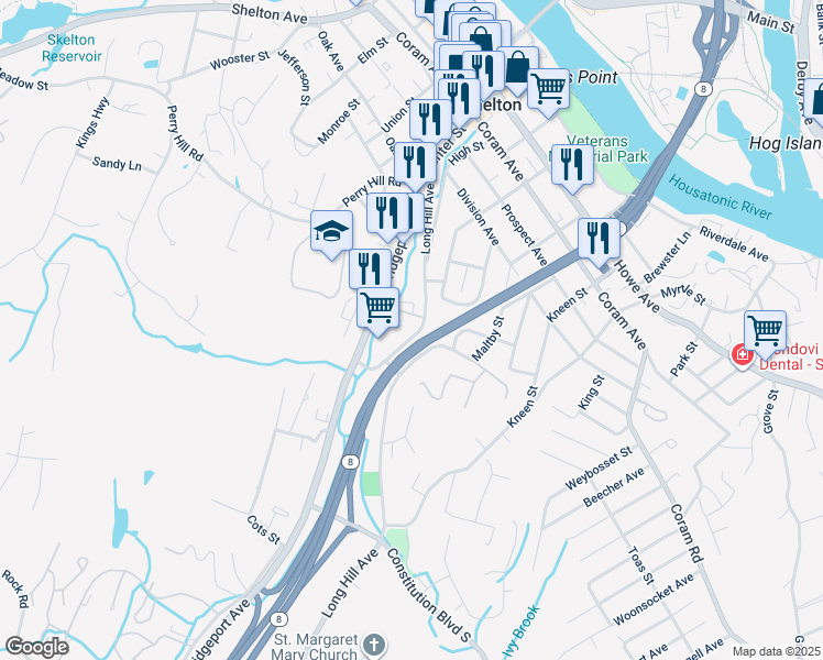 map of restaurants, bars, coffee shops, grocery stores, and more near 137 Long Hill Avenue in Shelton