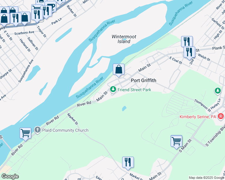 map of restaurants, bars, coffee shops, grocery stores, and more near 1343 Main St in Pittston
