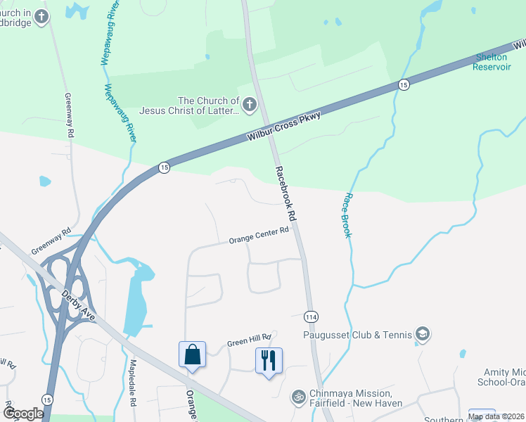 map of restaurants, bars, coffee shops, grocery stores, and more near 16 Williamsburg Drive in Orange