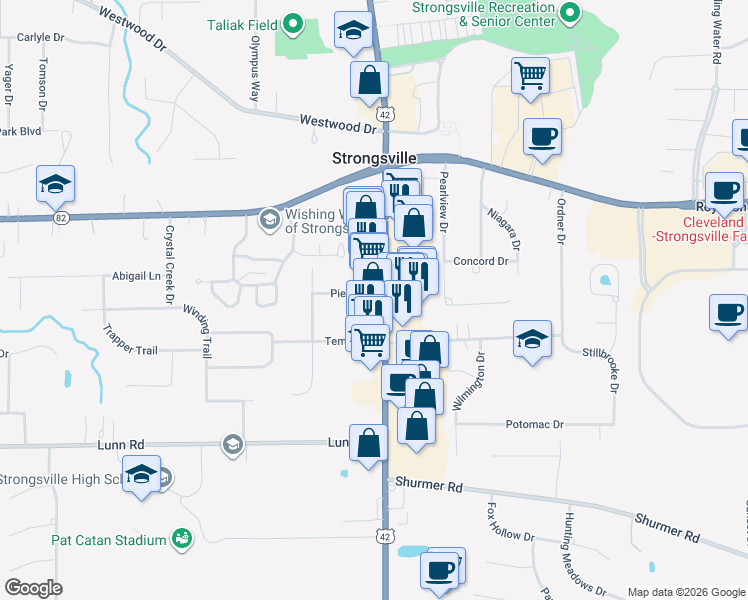 map of restaurants, bars, coffee shops, grocery stores, and more near 14444 Pearl Road in Strongsville