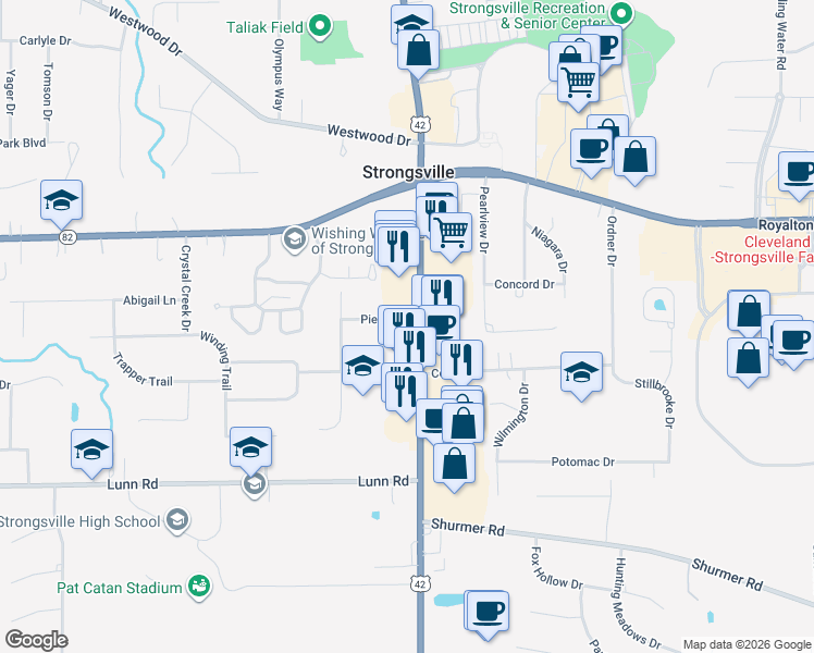 map of restaurants, bars, coffee shops, grocery stores, and more near 14444 Pearl Road in Strongsville
