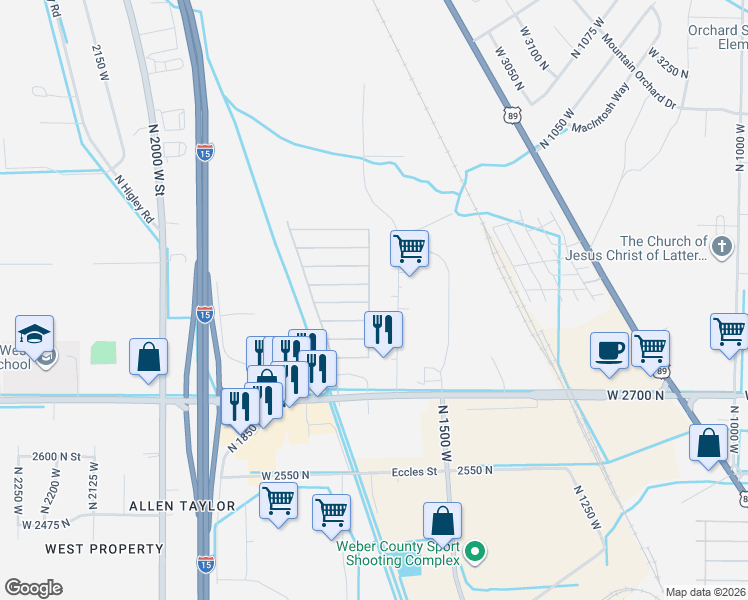 map of restaurants, bars, coffee shops, grocery stores, and more near 20 Wasatch View Drive in Pleasant View