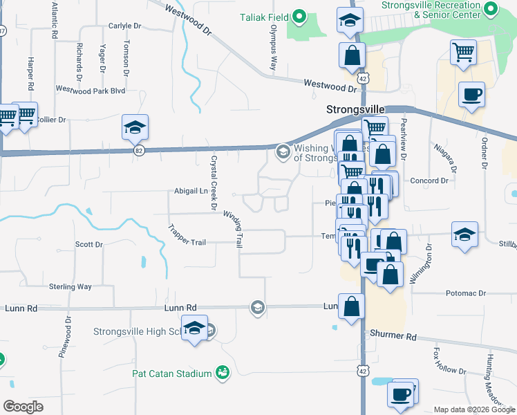 map of restaurants, bars, coffee shops, grocery stores, and more near 14388 Fullers Lane in Strongsville