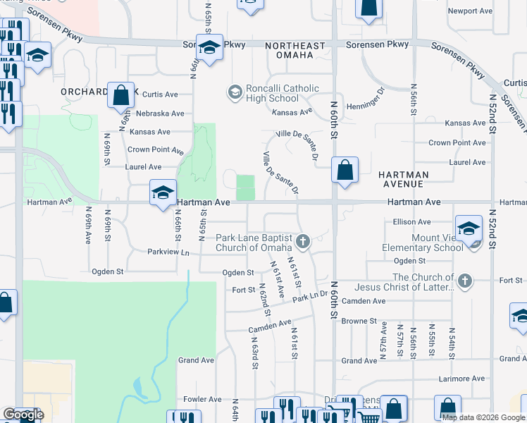 map of restaurants, bars, coffee shops, grocery stores, and more near 6124 Ellison Avenue in Omaha