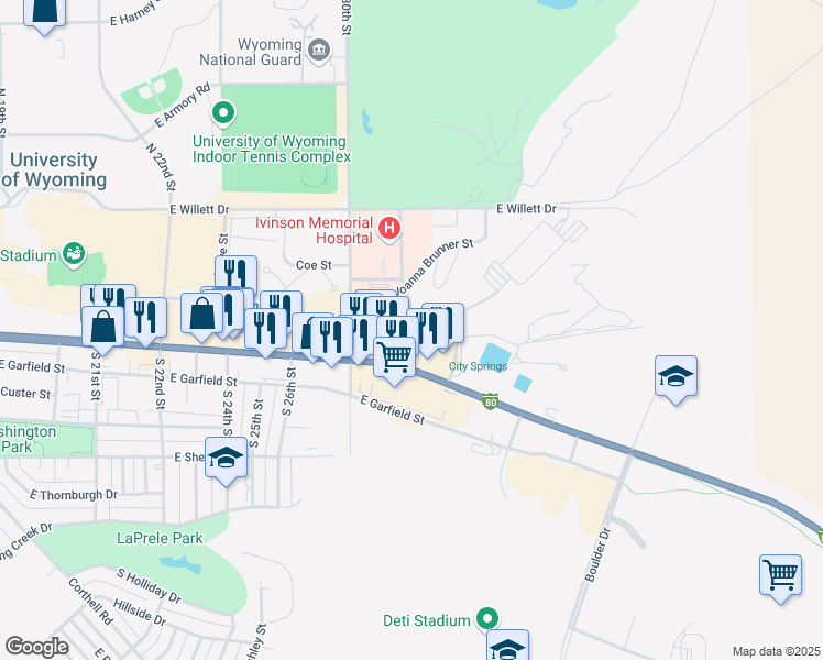 map of restaurants, bars, coffee shops, grocery stores, and more near 249 McCollum Street in Laramie
