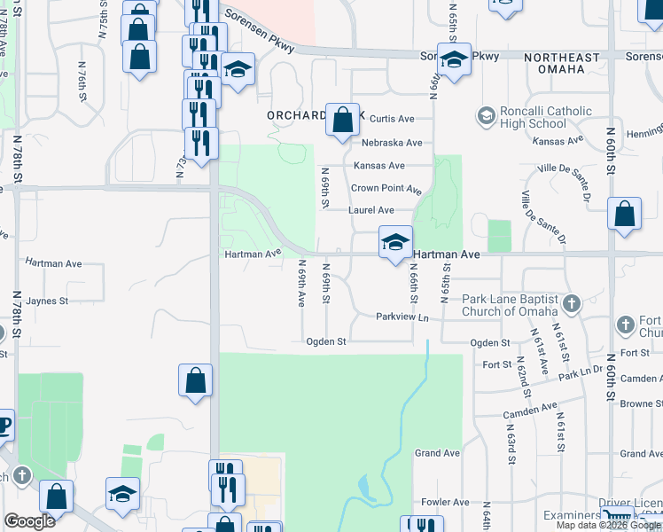 map of restaurants, bars, coffee shops, grocery stores, and more near 5607 North 69th Street in Omaha
